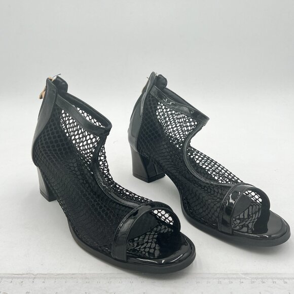 Black Open Toe Chunky Heels Mesh Sandals Back Zipper Dress Pumps - Picture 3 of 7